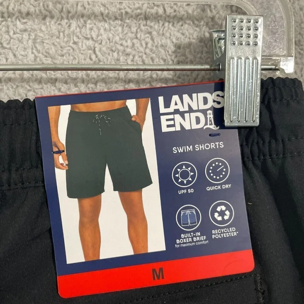 NEW Lands' End Mens M Black Swim Shorts With UPF 50 Quick Dry & Built-In Boxer